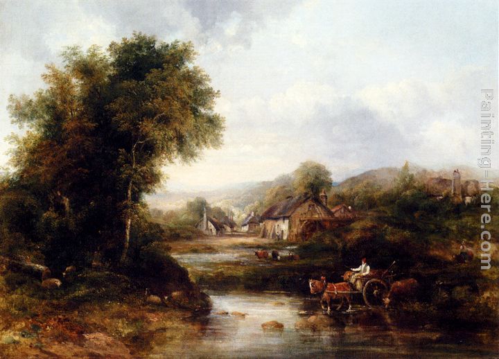 An Extensive River Landscape With A Drover In A Cart With His Cattle painting - Frederick Waters Watts An Extensive River Landscape With A Drover In A Cart With His Cattle art painting